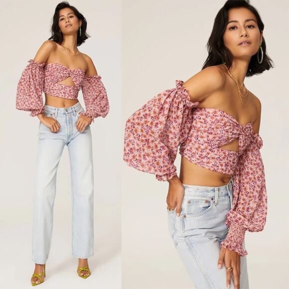 NEW Amur Hilda Off-The-Shoulder Floral Print Pink Crop Top Long Sleeve Blouse - Picture 1 of 8